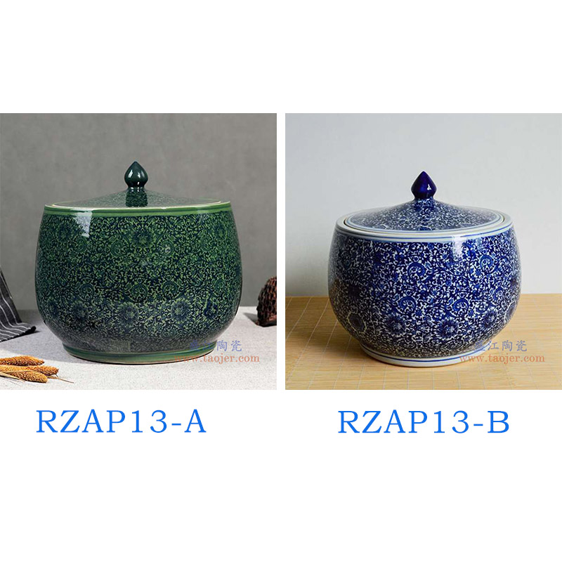 RZAP13-A-仿古青花缠枝莲绿釉将军罐米缸水缸酒缸油缸酵素缸茶叶罐储物罐