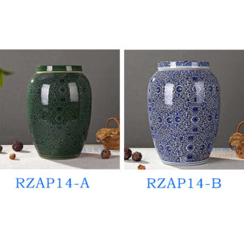 RZAP14-A-B  仿古青花缠枝莲绿釉平盖冬瓜缸 米缸水缸酒缸油缸酵素缸茶叶罐储物罐