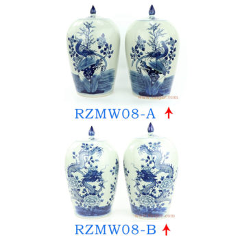 RZMW08-防清代手工青花凤凰牡丹花鸟-龙纹尖盖冬瓜罐