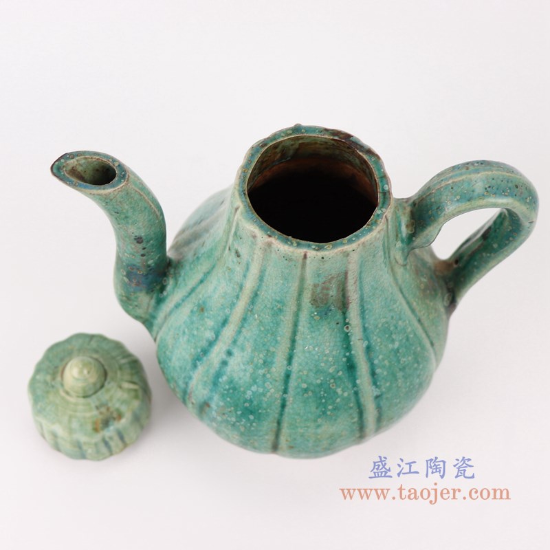 RZSP24 仿古窑变绿釉竖纹带盖水壶酒壶顶部