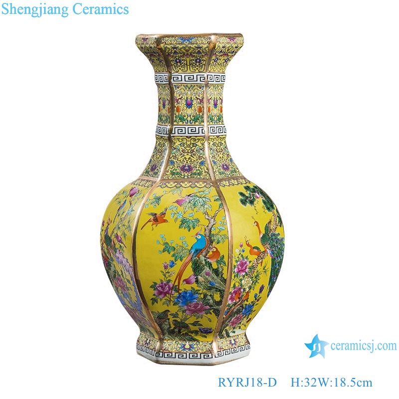 RYRJ18-D珐琅彩粉彩描金六方黄底花鸟花瓶中号