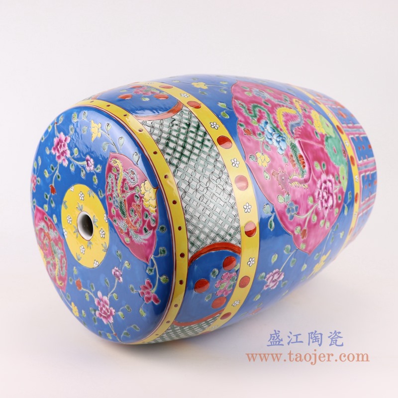 RYZG33-B粉彩深蓝底开窗凤凰纹凳子凉墩侧面