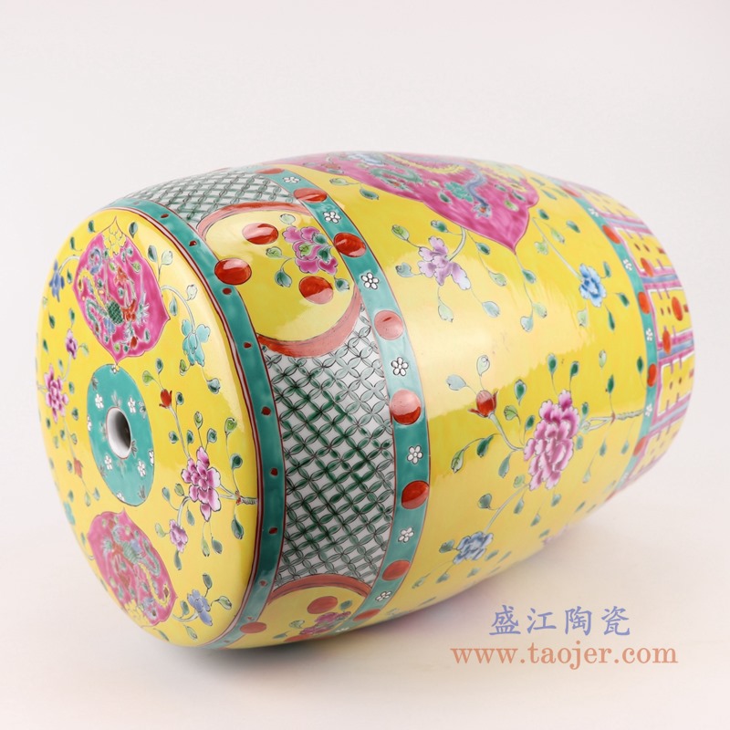 RYZG33-C粉彩黄底开窗凤凰纹凳子凉墩 侧面