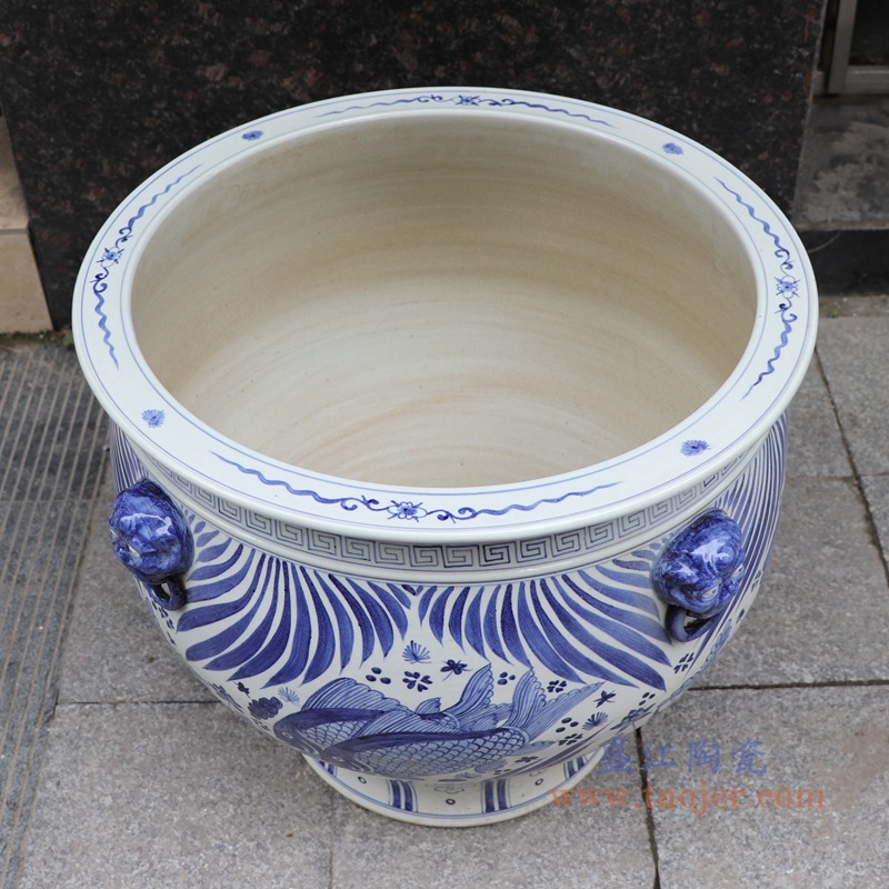 RZFH09-B青花鱼草鱼藻纹狮子头大缸-高53大号顶部