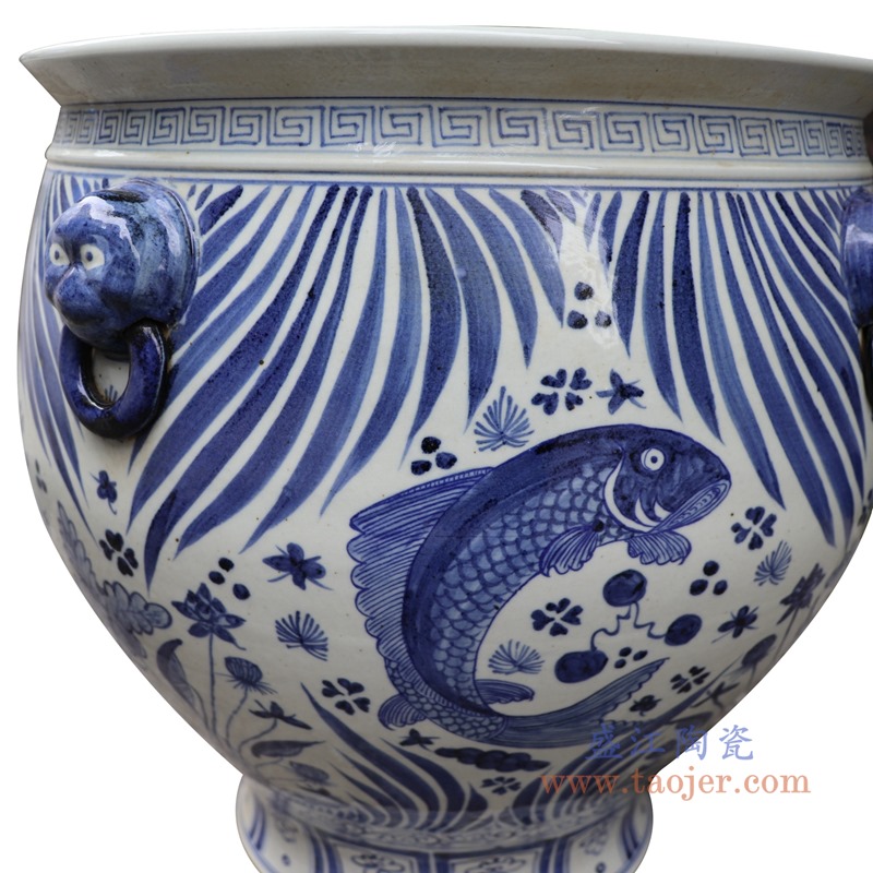 RZFH29-B 青花鱼草鱼藻纹狮子头大缸-高41中号细节