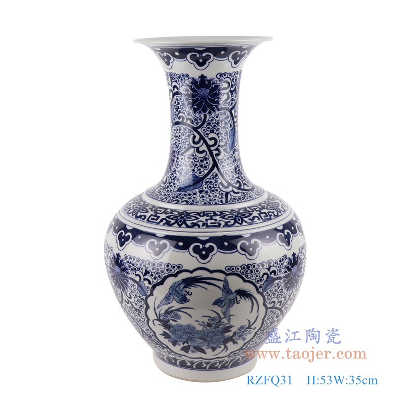 RZFQ31青花缠枝莲开窗开光花鸟赏瓶正面