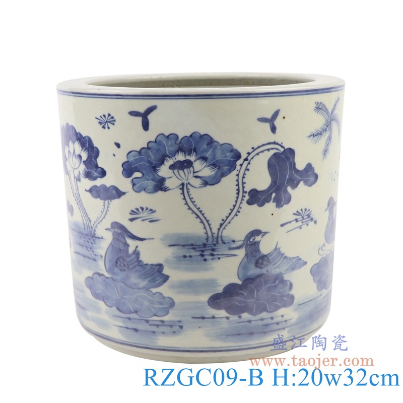 RZGC09-B 青花荷花鸳鸯笔筒正面
