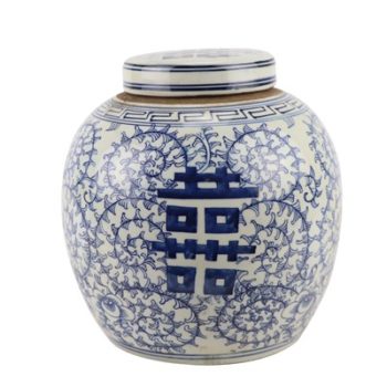 RZGC12-C青花缠枝串花喜字纹眀罐储物罐盖罐