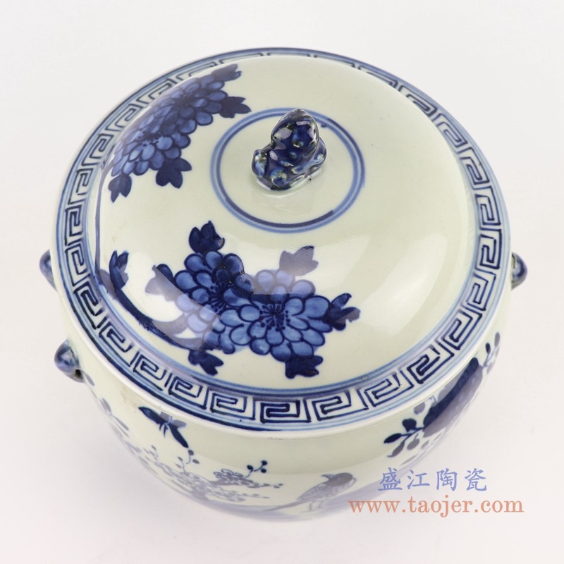 RZGC13-C 青花花鸟狮子头储物罐盖罐顶部