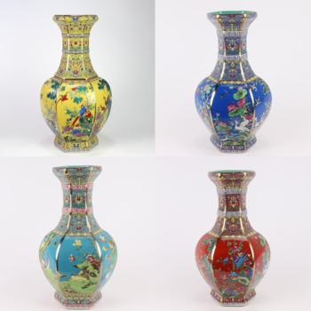RYRJ18-D 珐琅彩粉彩描金六方黄底花鸟花瓶中号