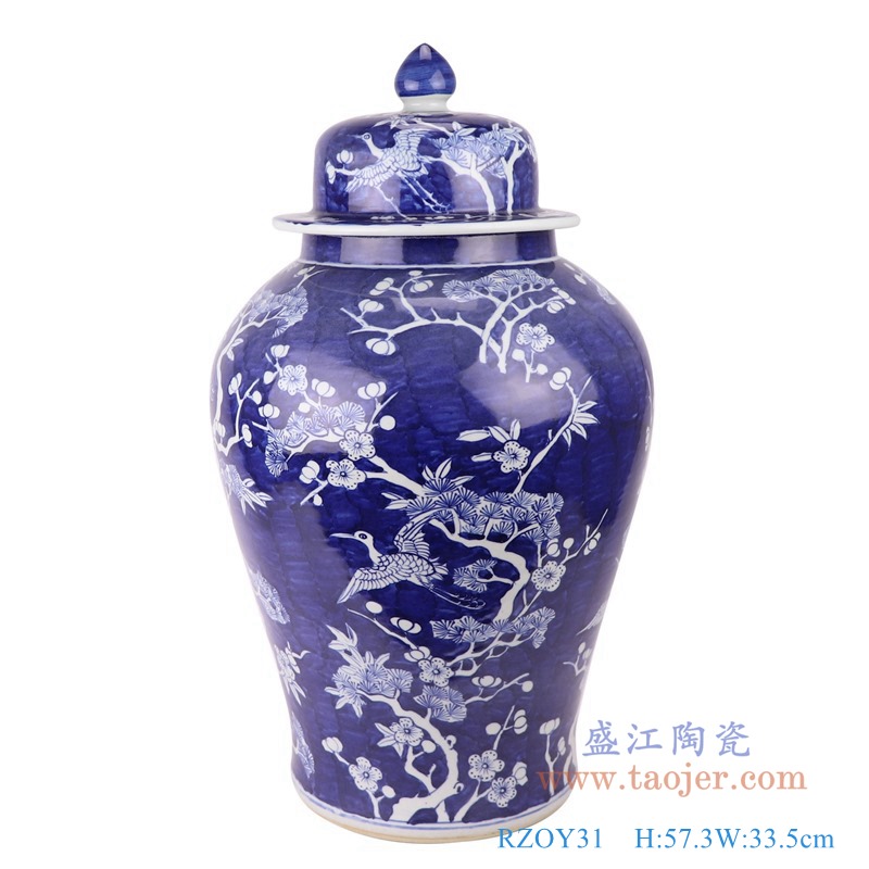 RZOY31青花冰梅花鸟将军罐正面