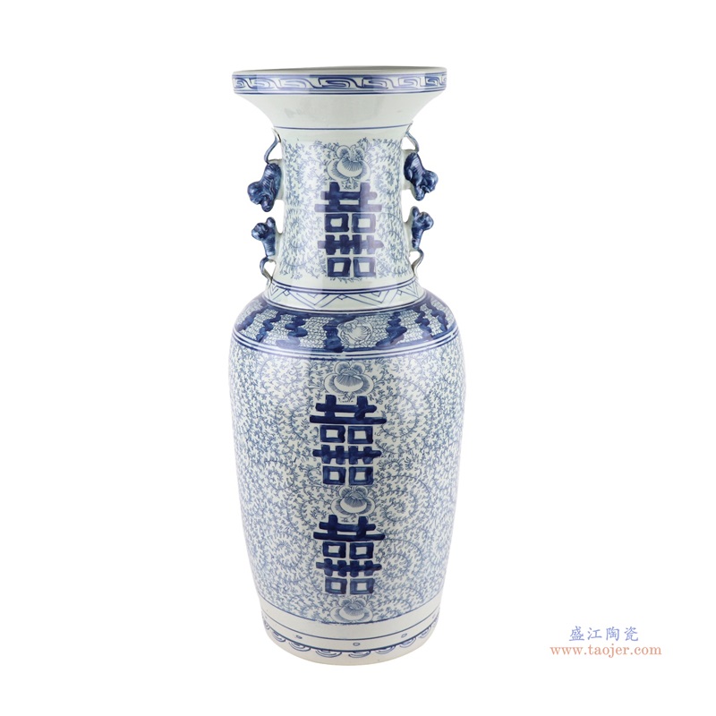 青花喜字双耳花瓶;产品编号:RYVM13 产品尺寸(单位cm): 高:60直径:24.7口径:底径:重量:6.5KG