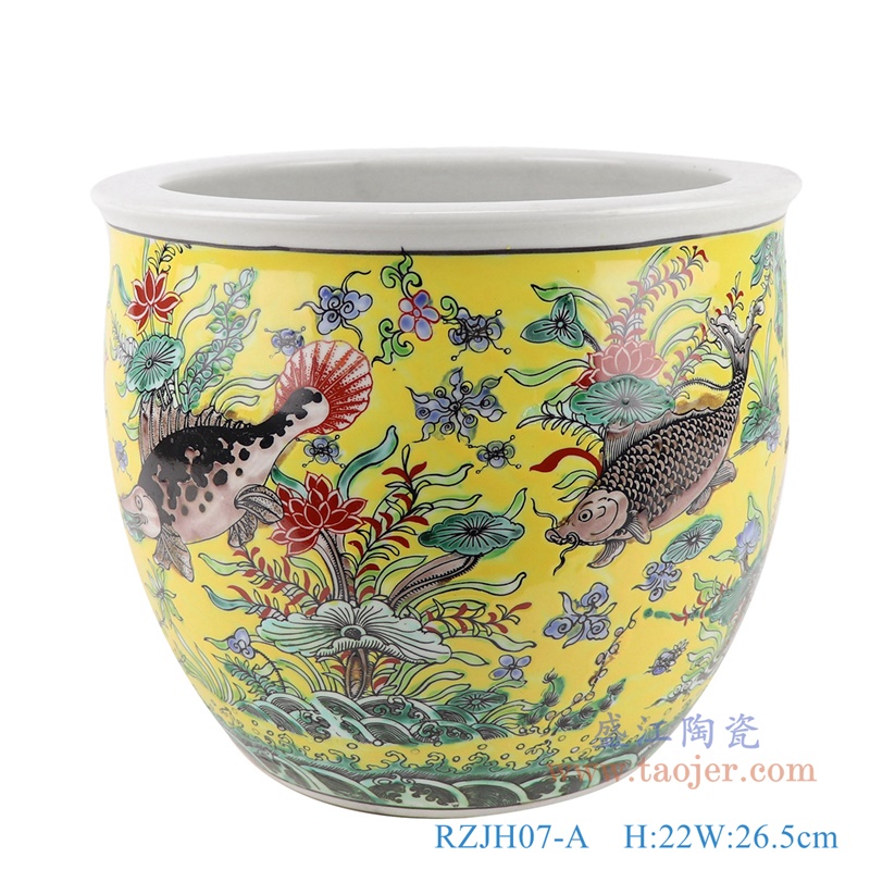 RZJH07-A 黄色鱼缸庭院水缸养鱼泥盆鱼藻纹花盆缸侧面