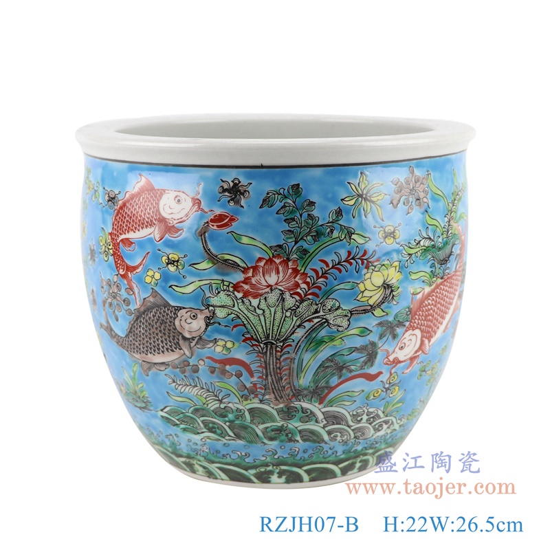RZJH07-B蓝色鱼缸庭院水缸养鱼泥盆鱼藻纹花盆缸正面