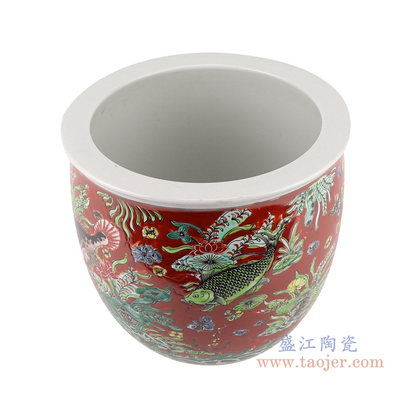 RZJH07-C红色鱼缸庭院水缸养鱼泥盆鱼藻纹花盆缸顶部