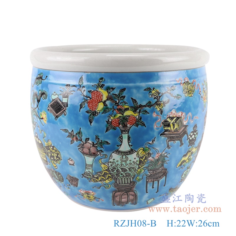 RZJH08-A 粉彩黄色鱼缸水缸养鱼泥盆兰花花盆缸正面