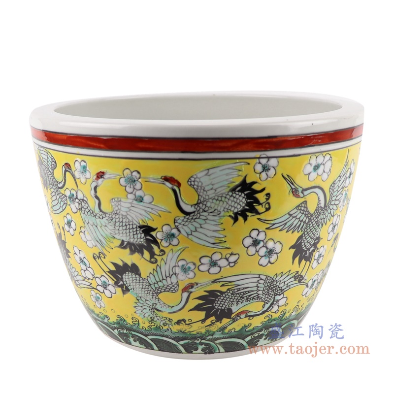 RZJH09-A粉彩黄色水缸养鱼泥盆百鹤图干花花盆缸正面