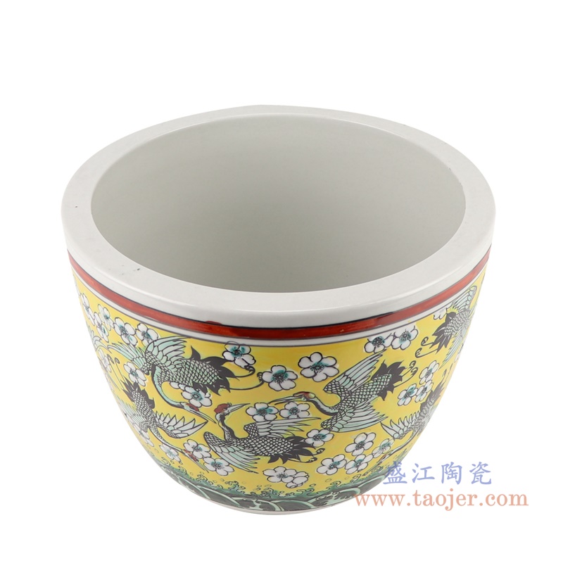 RZJH09-A粉彩黄色水缸养鱼泥盆百鹤图干花花盆缸顶部