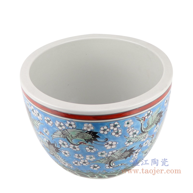 RZJH09-B粉彩蓝色水缸养鱼泥盆百鹤图干花花盆缸顶部