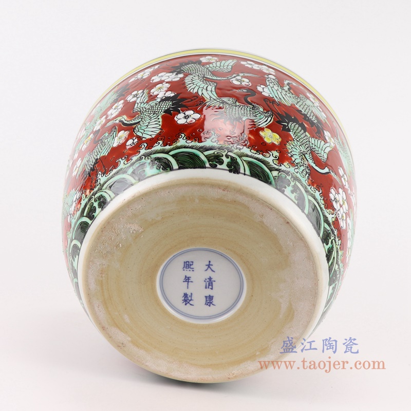 RZJH09-C 粉彩红色鱼缸水缸养鱼泥盆百鹤图干花花盆缸底部