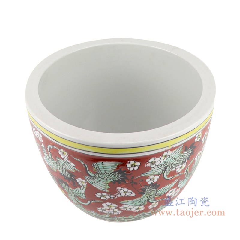RZJH09-C 粉彩红色鱼缸水缸养鱼泥盆百鹤图干花花盆缸顶部
