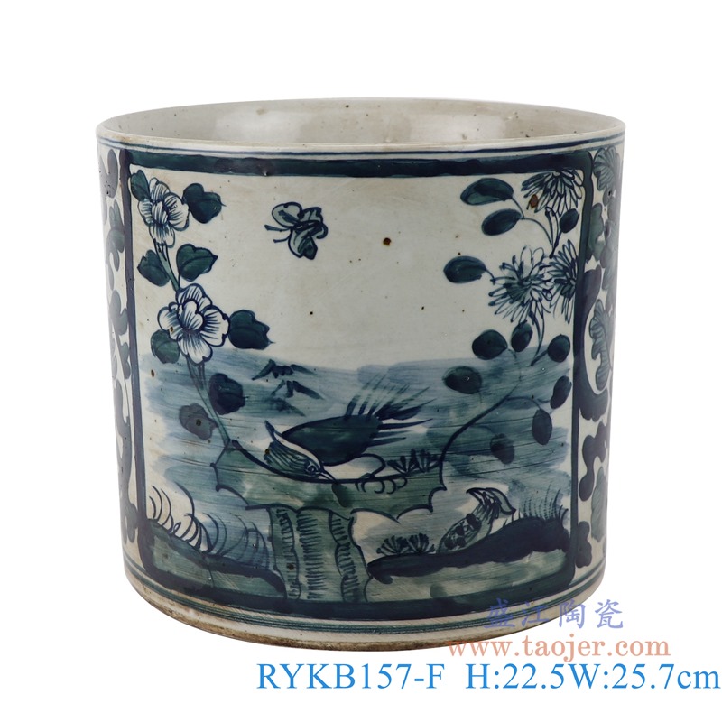 RYKB157-F仿古青花荷塘花鸟笔筒正面
