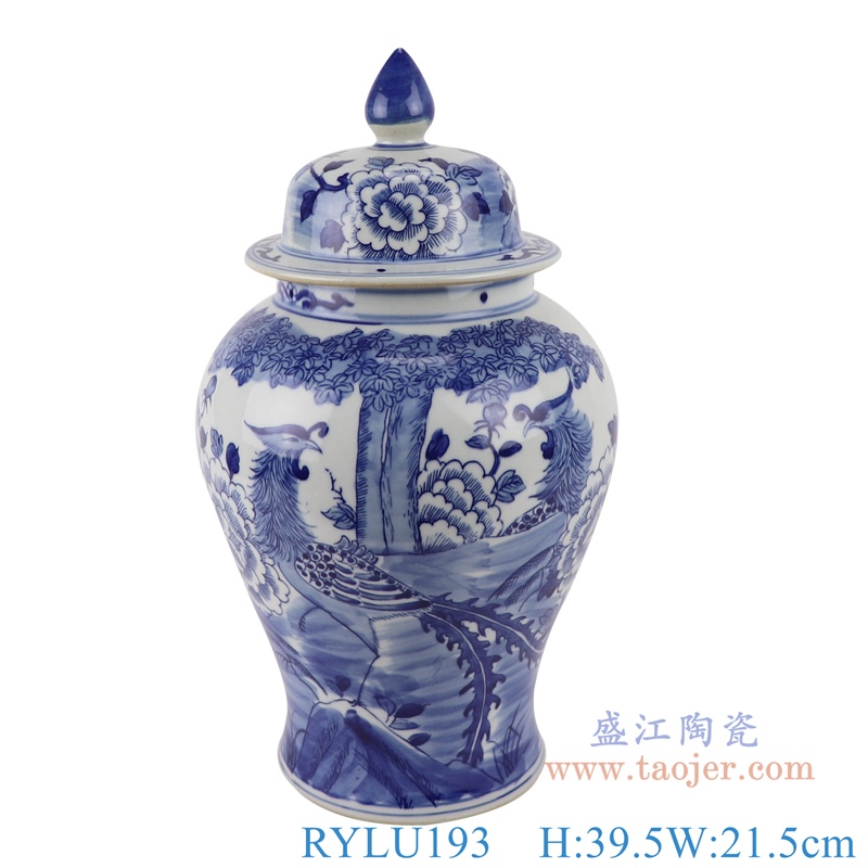 RYLU193青花凤穿花将军罐正面