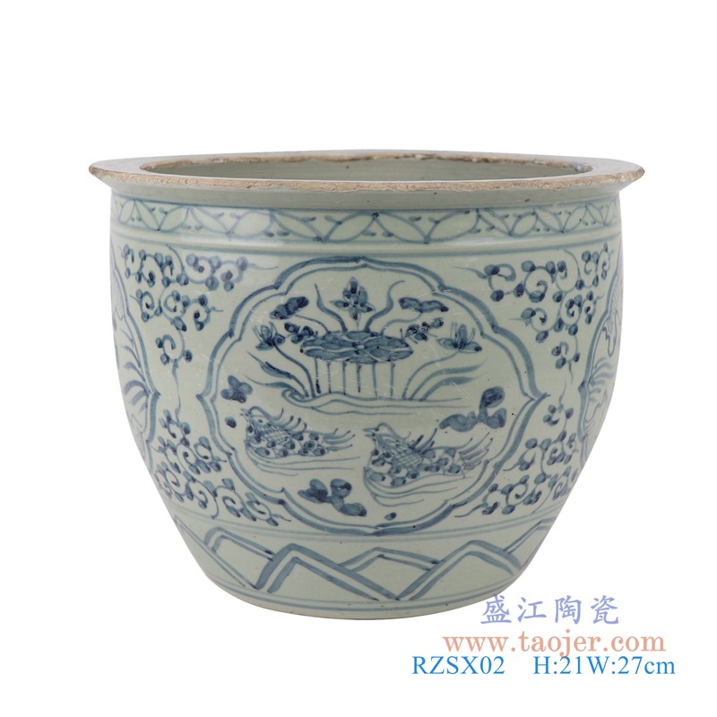 RZSX02青花缠枝莲开光荷花鸳鸯戏水纹小缸水缸背面