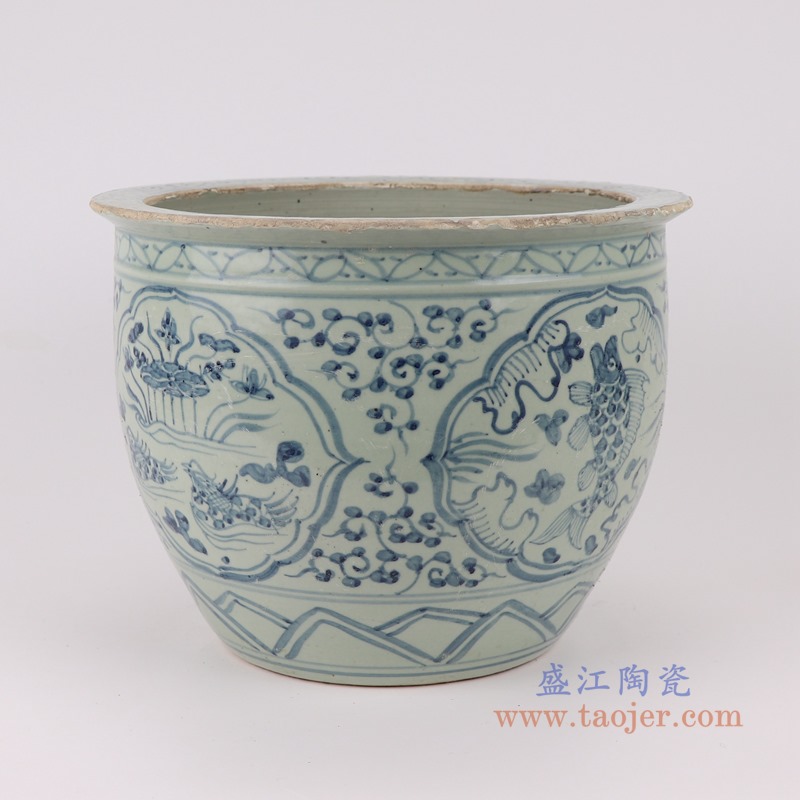 RZSX02青花缠枝莲开光荷花鸳鸯戏水纹小缸水缸侧面
