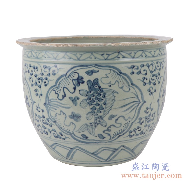 RZSX02青花缠枝莲开光荷花鸳鸯戏水纹小缸水缸正面