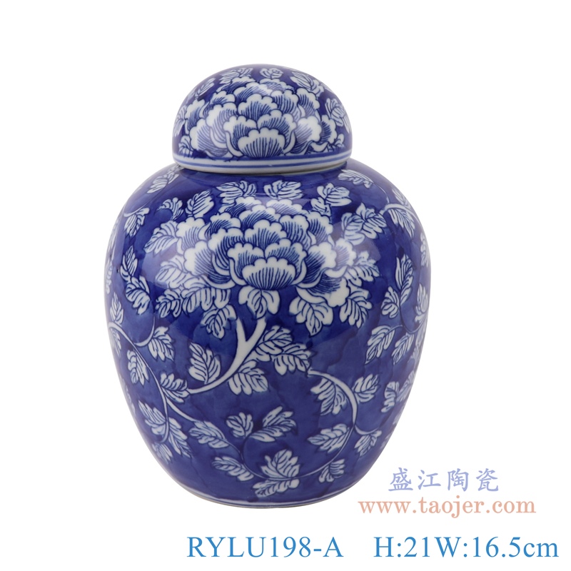 RYLU198-A青花冰梅牡丹茶叶储物罐宝珠坛正面