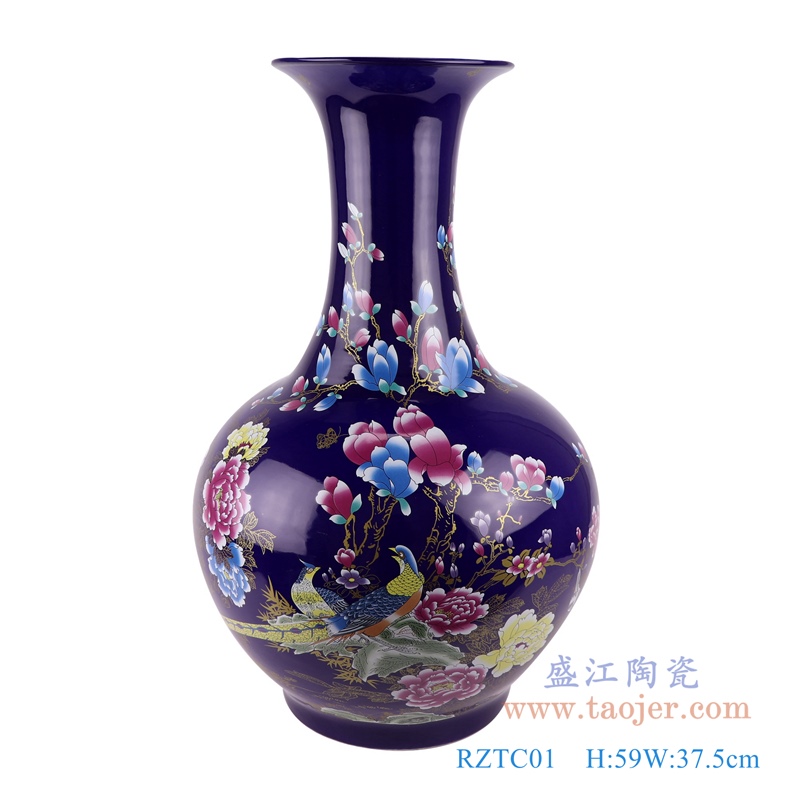 RZTC01蓝底祭蓝花鸟赏瓶大号花瓶正面