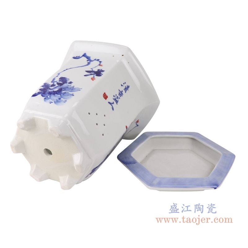 RZTE05青花写意牡丹纹花开富贵国色天香六面六边形带底托花盆底部