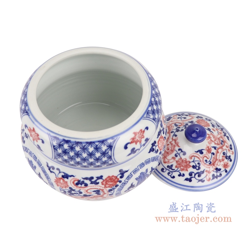 RZBO11青花釉里红开光开窗缠枝莲寿字纹茶叶罐储物罐顶部