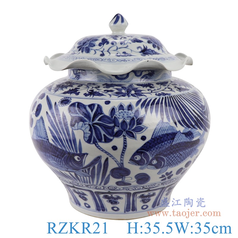 RZKR21仿古元青花鱼藻纹荷叶盖罐