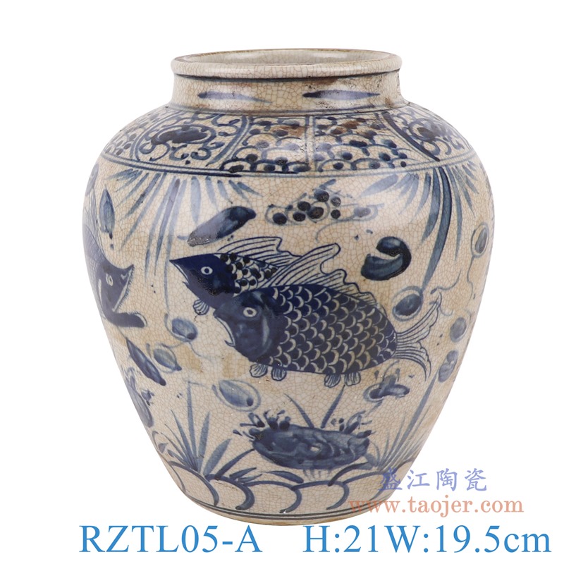 上图:RZTL05-A青花开片鱼草纹罐子