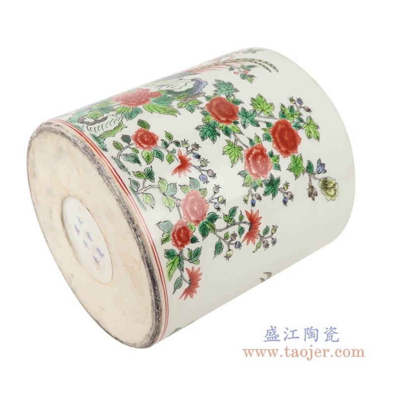 上图:RZSY02仿古粉彩锦鸡牡丹花鸟笔筒香炉