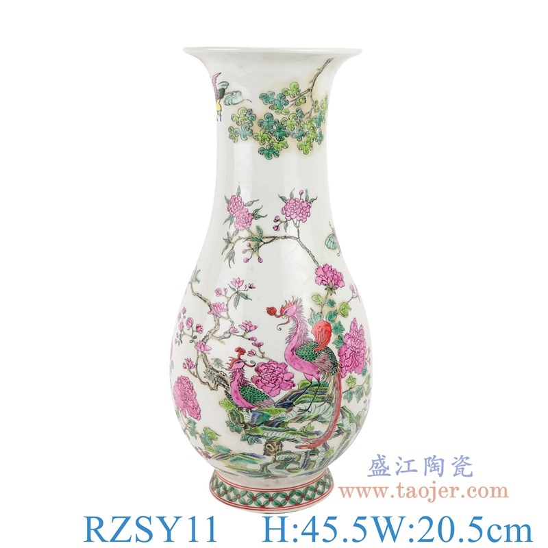 上图:RZSY11仿古粉彩凤凰牡丹花鸟敞口福桶瓶