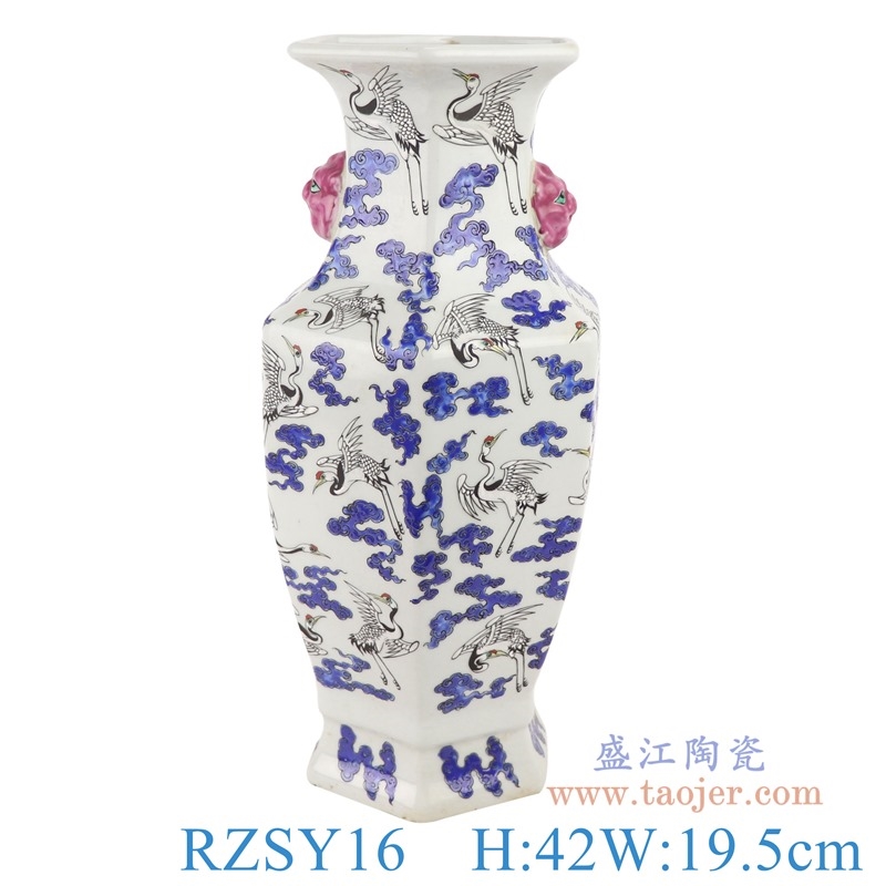 上图:RZSY16仿古粉彩百鹤图飞鹤纹六方双耳花瓶