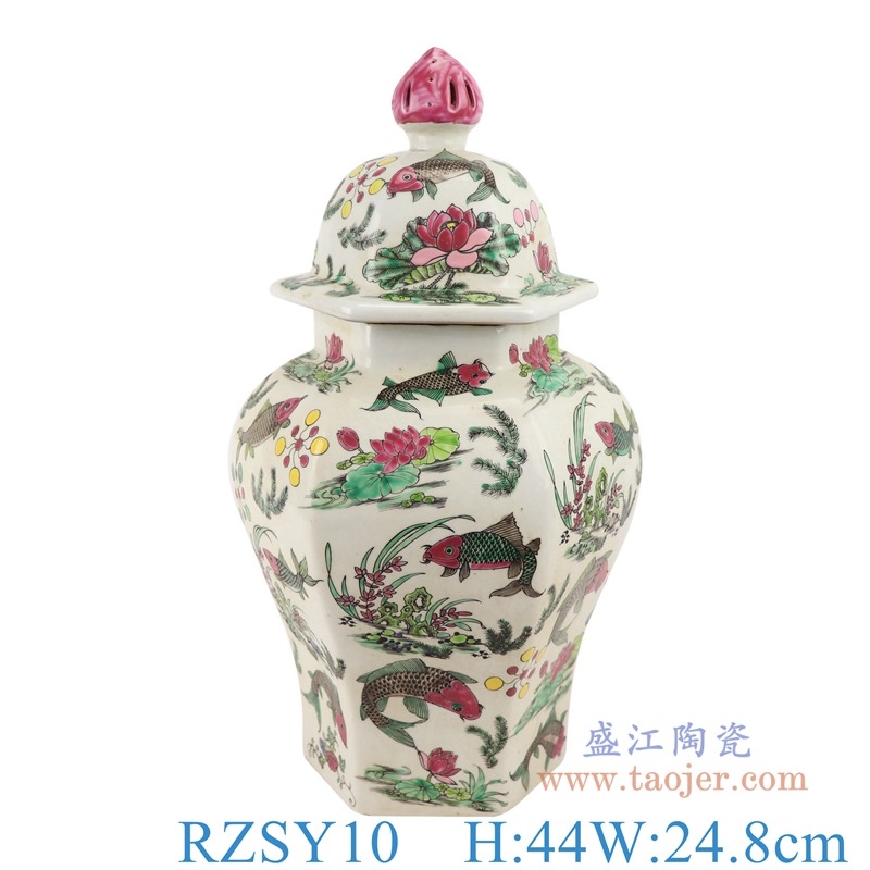 上图:RZSY10仿古粉彩荷花鱼草纹六面将军罐