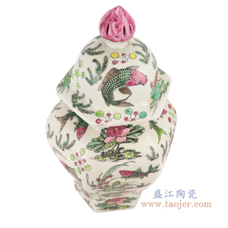 上图:RZSY10仿古粉彩荷花鱼草纹六面将军罐