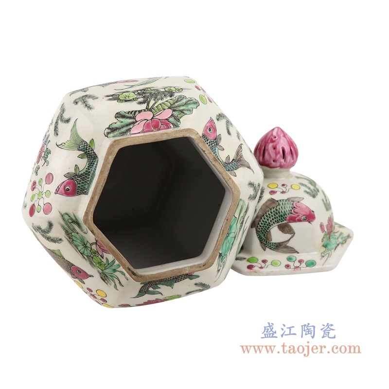 上图:RZSY10仿古粉彩荷花鱼草纹六面将军罐