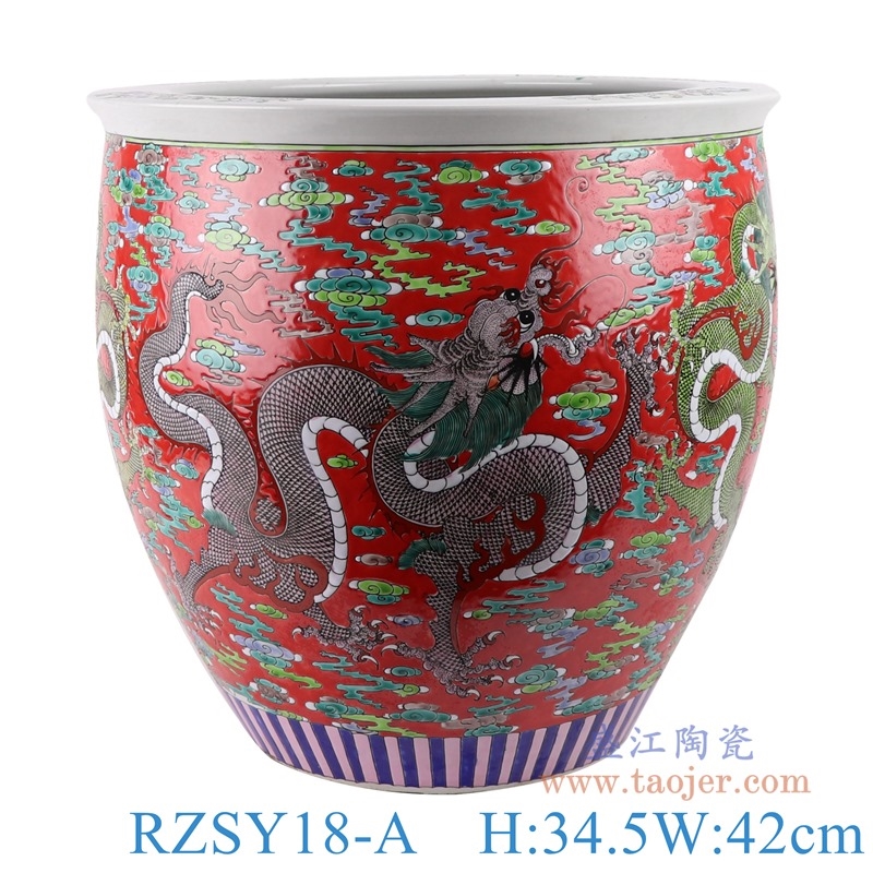 上图:RZSY18-A仿古粉彩红底云龙纹大缸