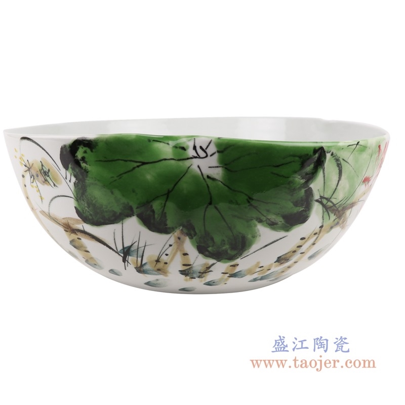 上图:RZTH01颜色釉窑变绿色写意荷花鱼纹异形花盆水浅