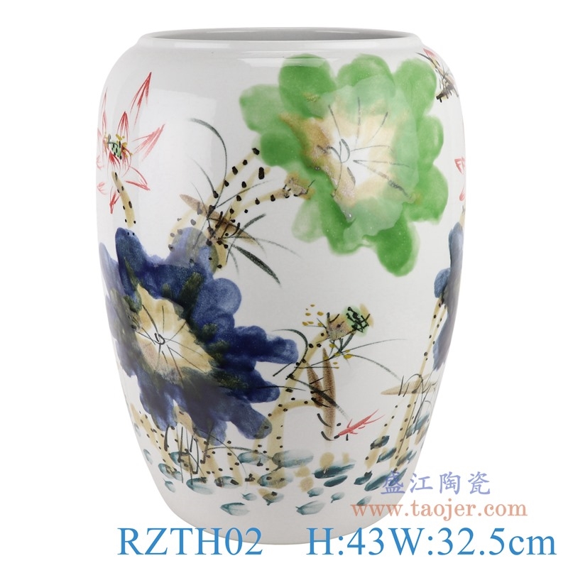 上图:RZTH02 颜色釉窑变绿色写意荷花鱼纹冬瓜缸