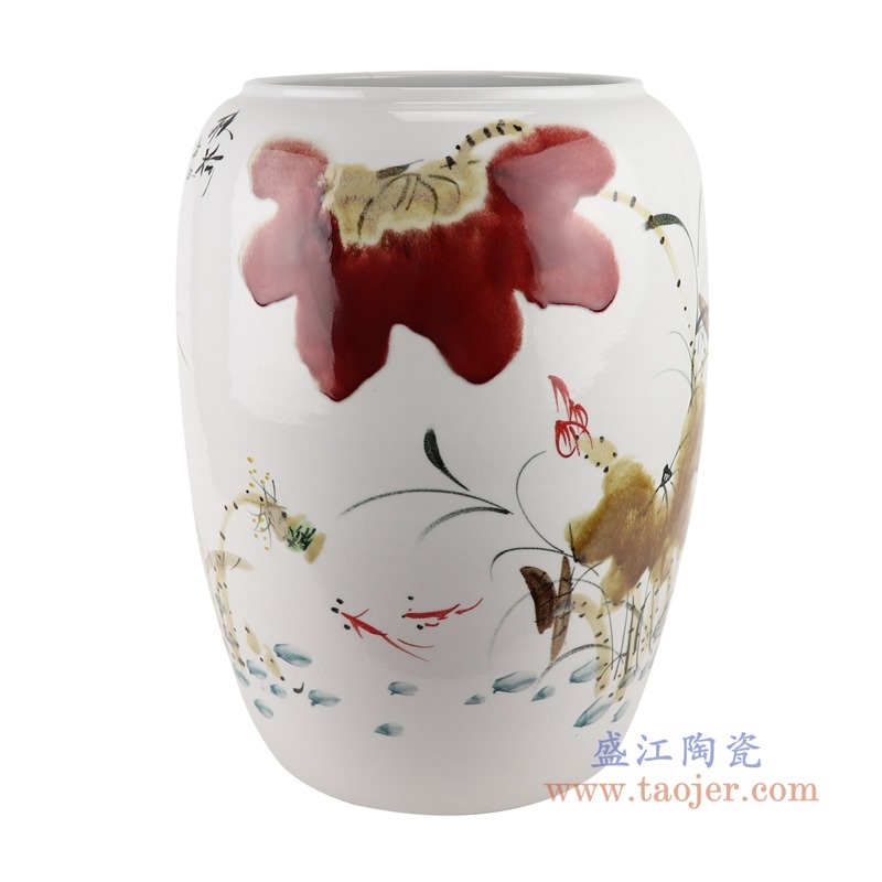上图:RZTH02 颜色釉窑变绿色写意荷花鱼纹冬瓜缸