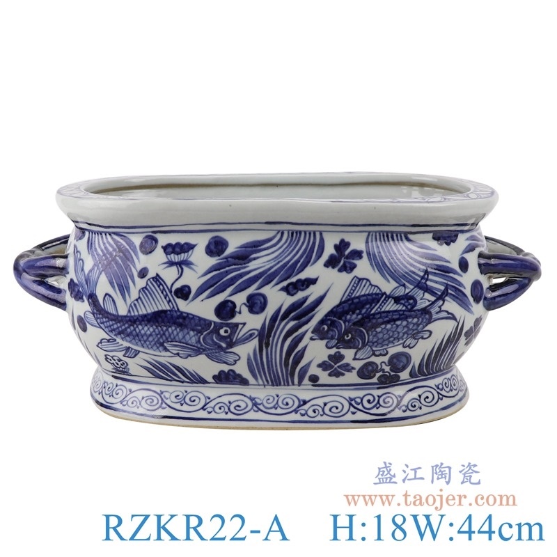 上图:RZKR22-A仿古元青花鱼藻纹双耳长方形花盆水缸