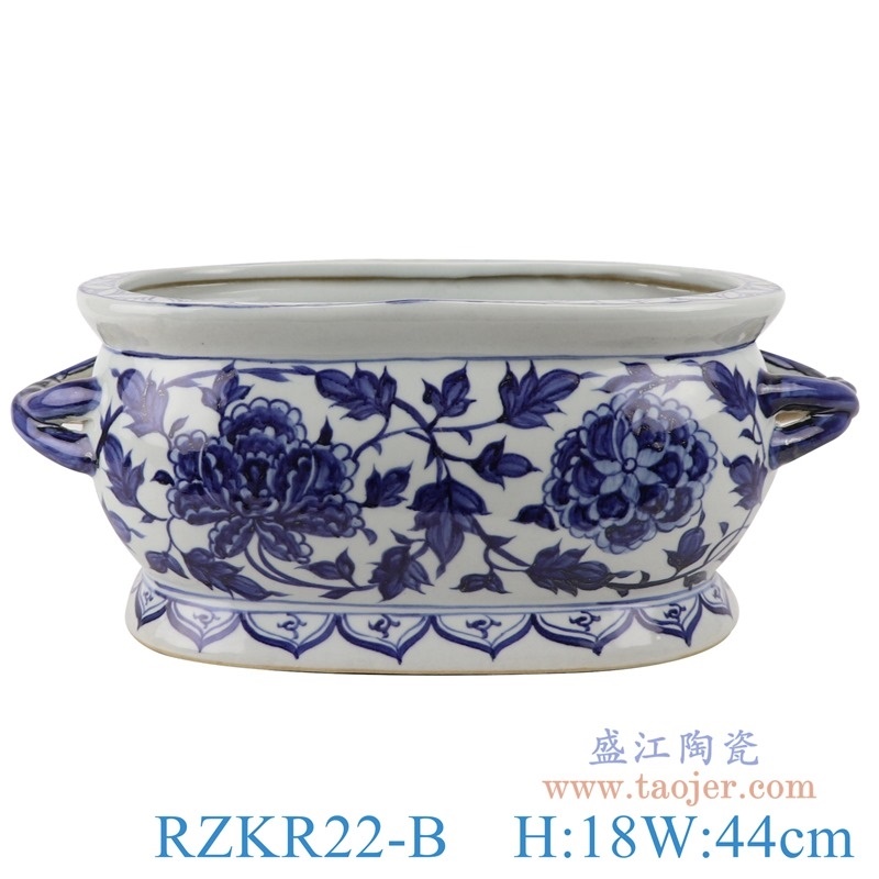 上图:RZKR22-B仿古元青花牡丹纹双耳长方形花盆水缸