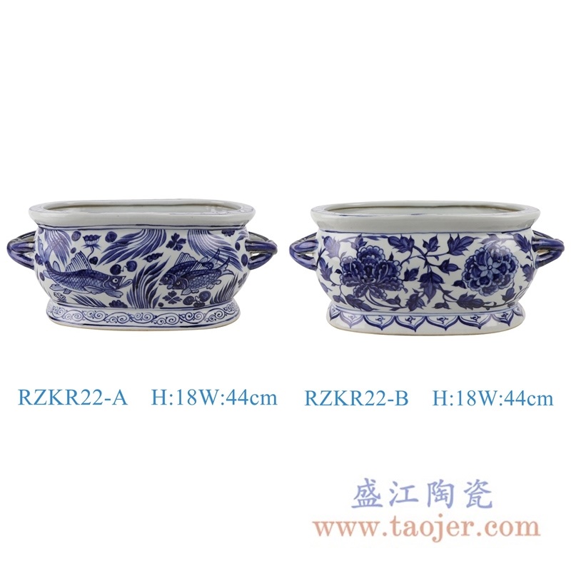 上图:RZKR22仿古元青花牡丹纹鱼藻纹双耳长方形花盆水缸组合图