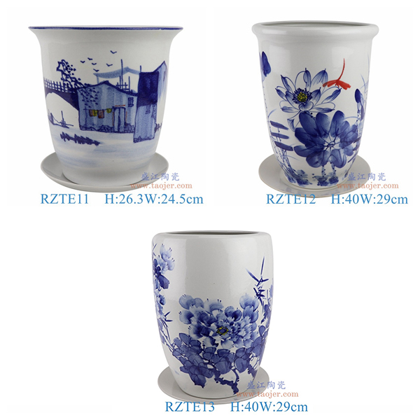 上图:RZTE11-12-13手绘青花写意乡村风景荷花蜻蜓牡丹花盆组合